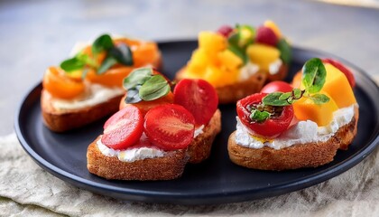 Healthy vegetarian toasts with cream cheese, Fruits. Summer fresh fruit toast sandwich. Generative Image