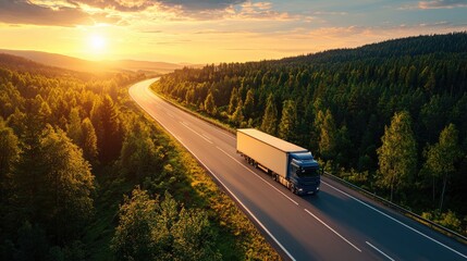 A beautiful sunset over a winding road with a truck traveling through a lush green forest, symbolizing freedom and adventure.