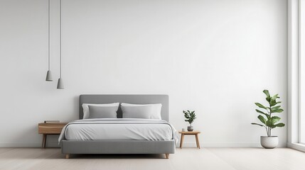 Minimalist bedroom with a king-sized grey bed, open layout, and natural light, spacious bedroom, minimalist furniture