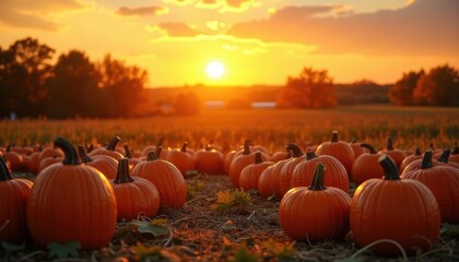 Sunset Casting a Warm Golden Glow Over a Field of Pumpkins and Harvested Crops