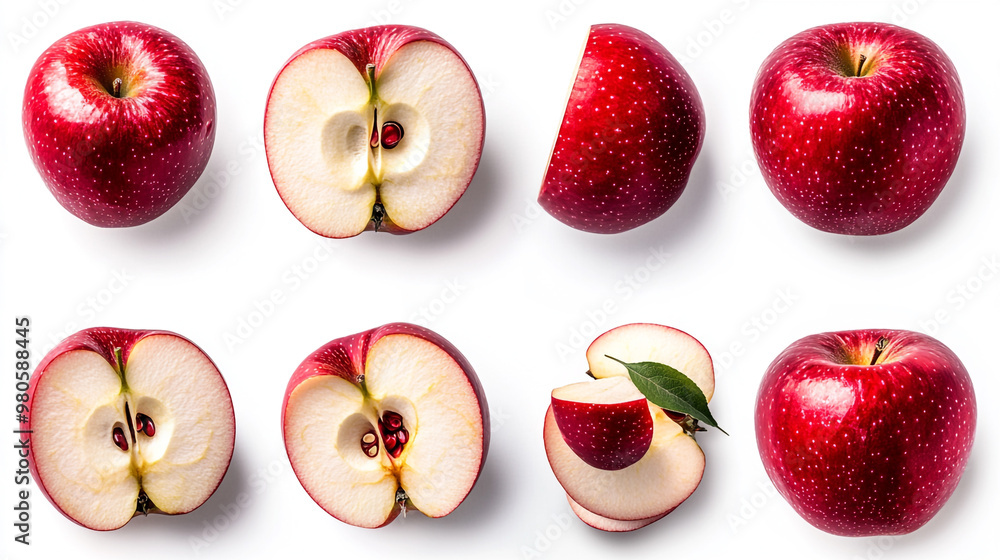 Poster fresh red apples displayed on a white background with various cuts and angles showcasing texture