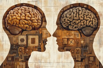 Vintage style artwork of two human heads with exposed brains symbolizing the relationship between human cognition and artificial intelligence in cognitive evolution