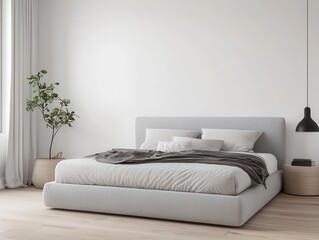 Spacious minimalist bedroom with a king-sized bed, large windows, and clean white walls, minimalist design, open, airy bedroom