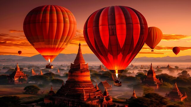 ancient bagan temples at sunrise, myanmar, hot air balloons hot air balloons rise over the ancient temples of bagan, illuminated by the soft morning light. 