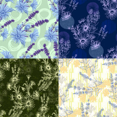 Obraz premium Seamless Pattern with lavender and chamomile. Color sketch style hand drawn background. Detailed illustration, hand drawn. Great for fabric and textile, prints, invitation, packaging