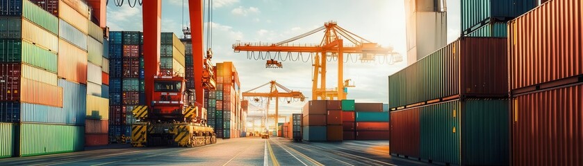 Containers being moved by cranes at a busy port, global logistics and transportation network
