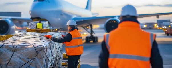 Workers loading cargo onto a freight plane, representing logistics and global transportation