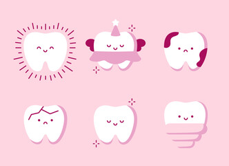 Set of Cute teeth with different emotions. Teeth characters vector illustration. Dentistry concept for your design. Illustration for pediatric dentistry. Oral hygiene, teeth cleaning, Dental care