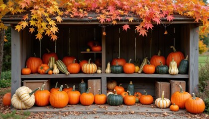 Rustic Farm Stand with an Array of Pumpkins, Gourds, and Autumn Vegetables