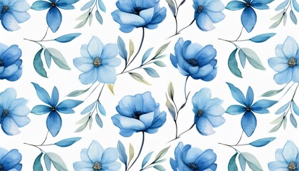 Seamless floral pattern featuring delicate blue watercolor flowers and green leaves, perfect for adding a touch of elegance to designs