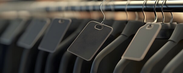 A close-up view of clothing tags hanging on a rack, showcasing minimalist design and retail environment.