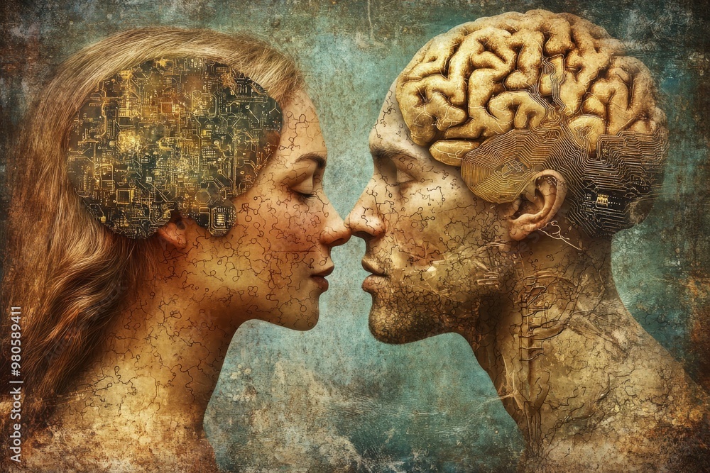 Poster artistic rendition of a man and woman facing each other with exposed brains symbolizing the complexi