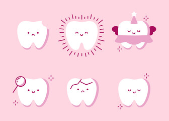 Cute teeth with different emotions set. Tooth Characters. Emoji Children's Dentistry. Dental Care Concept. Tooth with Caries, Healthy and Shining Tooth, Tooth Fairy. Illustration on pink background