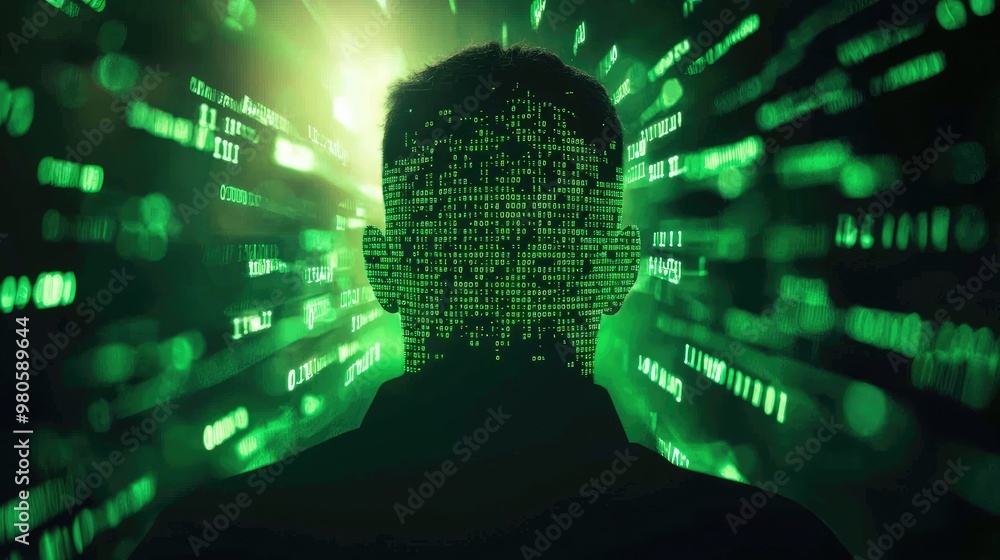 Poster a silhouette of a person surrounded by glowing green binary code, symbolizing technology and digital