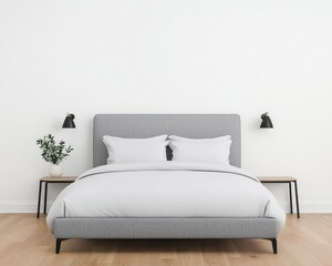 Minimalist bedroom with a king-sized grey bed, open layout, and natural light, spacious bedroom, minimalist furniture