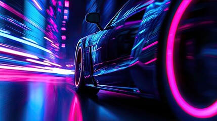 A sleek car in motion with vibrant neon lights, capturing the essence of speed and modern technology nightlife.