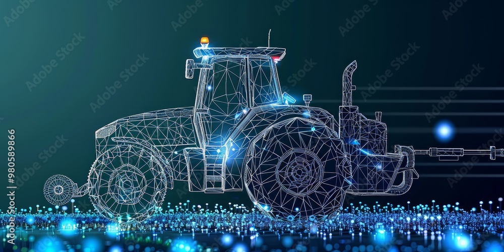 Poster Digital wireframe visualization of a tractor representing advanced technology and innovation in agriculture, highlighting the future of automated farming machinery.