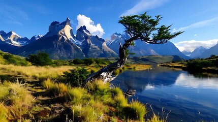 dramatic torres del paine national park, patagonia, rugged peaks the rugged peaks of torres del paine tower over the windswept landscape. 
