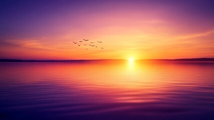 Naklejka premium Silhouettes of birds in a circular pattern over a lake during sunset, deep orange and purple sky, surreal atmosphere, 3D rendering, vibrant colors, smooth reflections