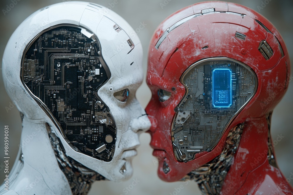 Poster humanoid robot and human with exposed circuits symbolizing artificial intelligence human robot inter