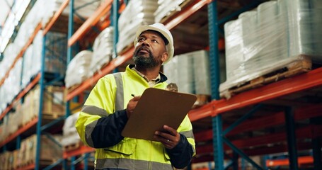 Warehouse, black man and tablet for stock management on logistic, quality control or inspection. Employee, tech and supervisor in maintenance for freight, supply chain and factory in shipping company