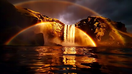 dramatic icelandic waterfall skógafoss, rainbow in the mist a rainbow arcs through the mist as water cascades down skógafoss. 