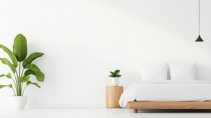 Minimalist bedroom with a low-profile white bed, wooden accents, and a spacious, calming layout, minimalist interior, spacious design