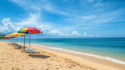 A picturesque beach scene with multicolored umbrellas providing shade on the golden sand, while the blue ocean stretches into the horizon.