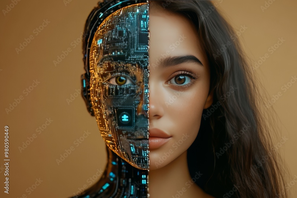Poster woman with a glowing brain and digital components symbolizing the integration of artificial intellig