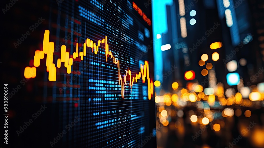 Poster abstract financial data visualization with glowing graphs against a blurred city backdrop at night.