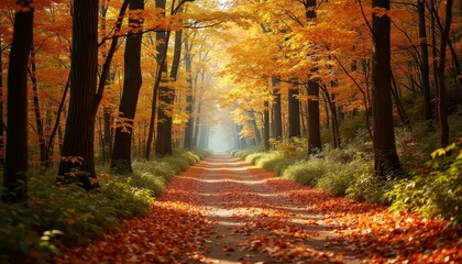 Forest Trail Lined with Golden and Red Leaves Leading Through a Peaceful Autumn Landscape