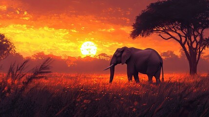 Naklejka premium Majestic Elephant at Sunset in African Savanna