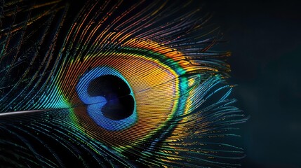 Obraz premium A vibrant peacock feather with its eye spot is showcased in close-up, revealing intricate details and colors.