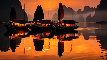 dramatic ha long bay, vietnam, limestone karsts rising from sea towering limestone karsts rise dramatically from the tranquil waters of ha long bay. 