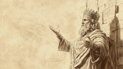 Fototapeta premium Biblical Illustration of King Ahaz Ascending to the Throne of Judah in 2 Chronicles, Turning Away from the Lord and Engaging in Idol Worship, Beige Background