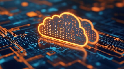 Futuristic cloud technology concept with vibrant neon circuit patterns, showcasing digital innovation and connectivity in modern computing.