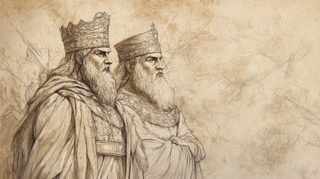 Biblical Illustration of Ahaziah and Joram Joining Forces to Plan Military Campaign Against Hazael of Aram in 2 Chronicles, Alliance in Action, Beige Background