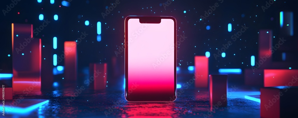 Poster a modern smartphone with a vibrant gradient display, surrounded by neon lights and geometric shapes 