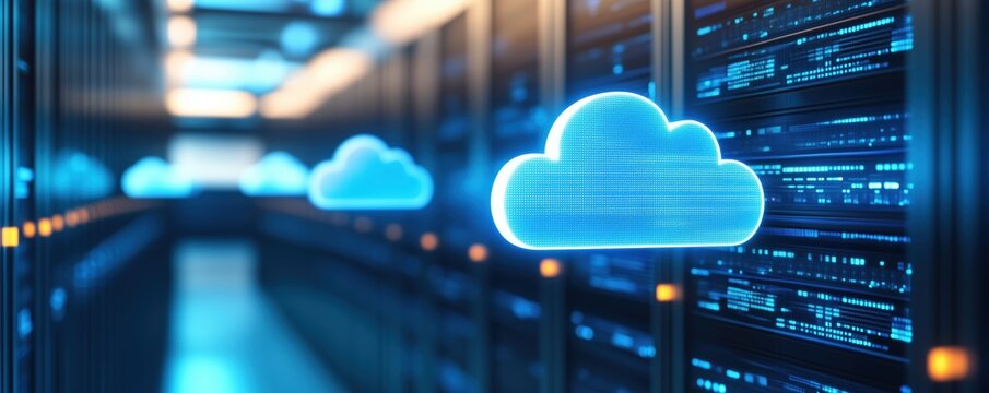 Futuristic data center showcasing cloud technology with glowing cloud icons, representing modern digital infrastructure.