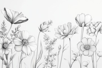 Fototapeta premium A detailed black-and-white illustration of various flowers arranged artistically.