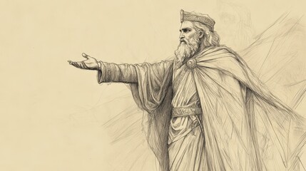 Fototapeta premium Biblical Illustration of King Amaziah Standing Confidently in His Royal Robes in 2 Chronicles, Addressing the People of Judah as He Begins His Reign, Beige Background