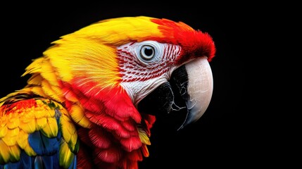 Obraz premium Vibrant close-up of a colorful parrot showcasing its stunning plumage and expressive eyes against a black background.