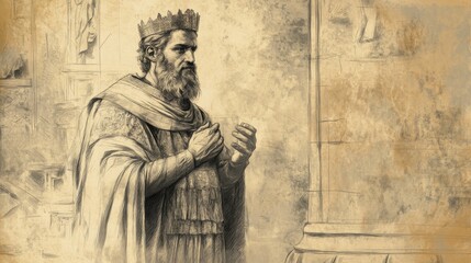 Fototapeta premium Biblical Illustration of Rehoboam’s Folly in 2 Chronicles, Rehoboam Alone in Throne Room, Realizing His Mistake Too Late, Facing the Consequences, Beige Background