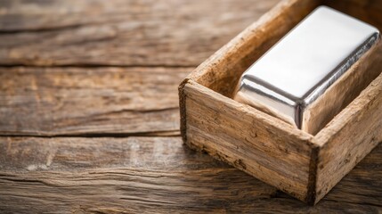 Fototapeta premium Polished Silver Ingot in Wooden Crate - Close-Up, Soft Light, High-Quality Stock Image