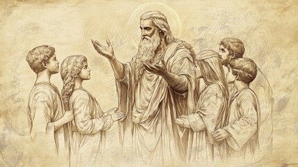 Fototapeta premium 1 Chronicles Biblical Illustration: Judah Blessing His Sons with Prophetic Aura, Signifying Their Important Roles in the Lineage and Future Leadership