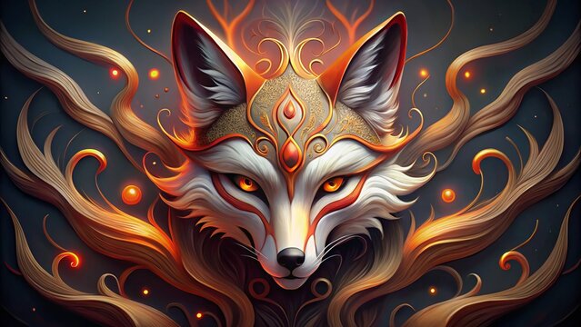 "A kitsune fox's playful grin is reflected in a mystical mask adorned with curved horns and wispy fox-fire tendrils"