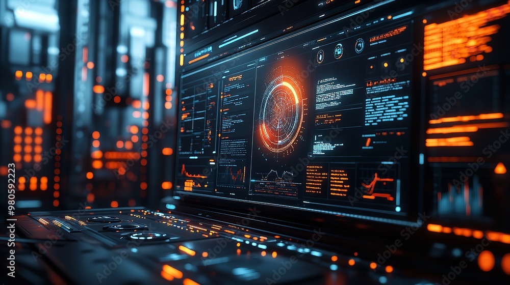 Aufkleber a computer monitor displays a futuristic scene with a glowing orange circle in the center. the scene