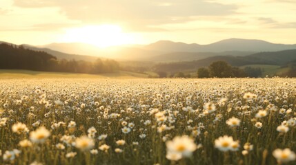 Fototapeta premium A wide view of a chamomile flower field in full bloom, bathed in soft golden sunlight with rolling hills in the background