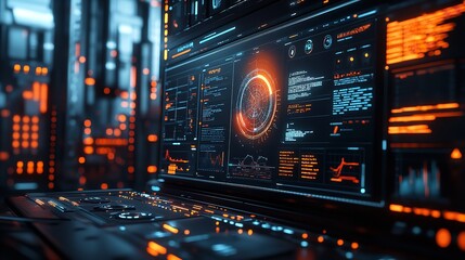 Fototapeta premium A computer monitor displays a futuristic scene with a glowing orange circle in the center. The scene is filled with various screens and buttons, giving the impression of a high-tech environment