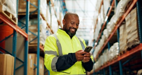 Phone, worker and black man in warehouse for logistics, distribution or stock inspection on...